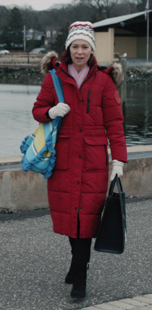 Long Winter Jacket with Fur-Trimmed Hood in Bold Red Worn by Carrie Preston as Elsbeth Tascioni