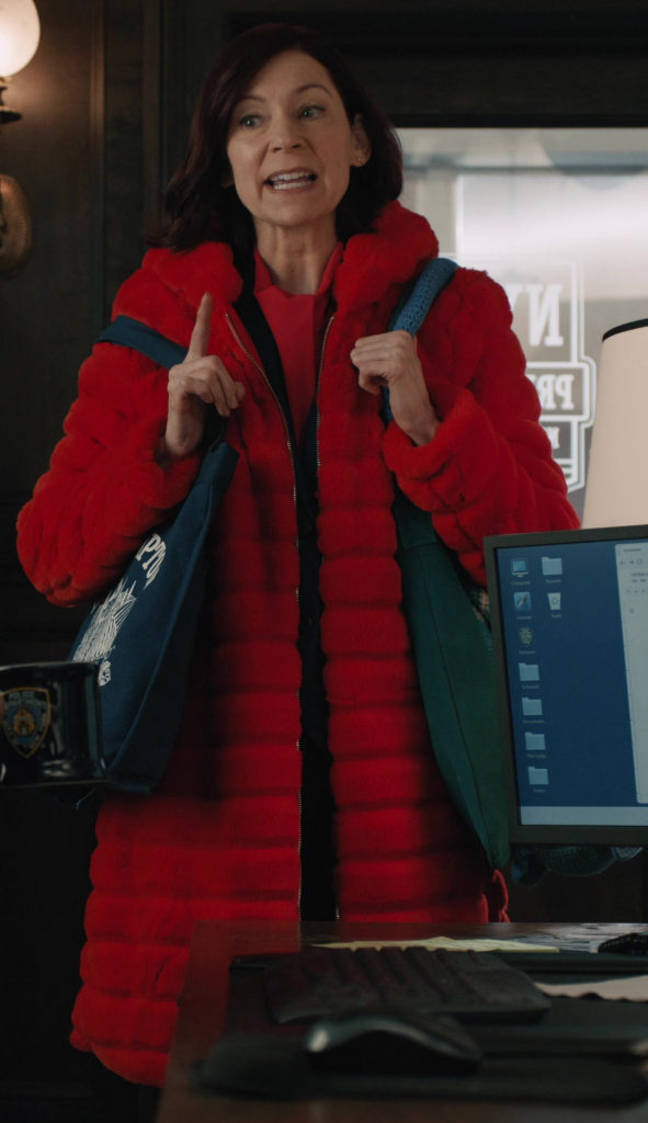 red long faux fur coat - Carrie Preston (Elsbeth Tascioni) - Elsbeth TV Show
