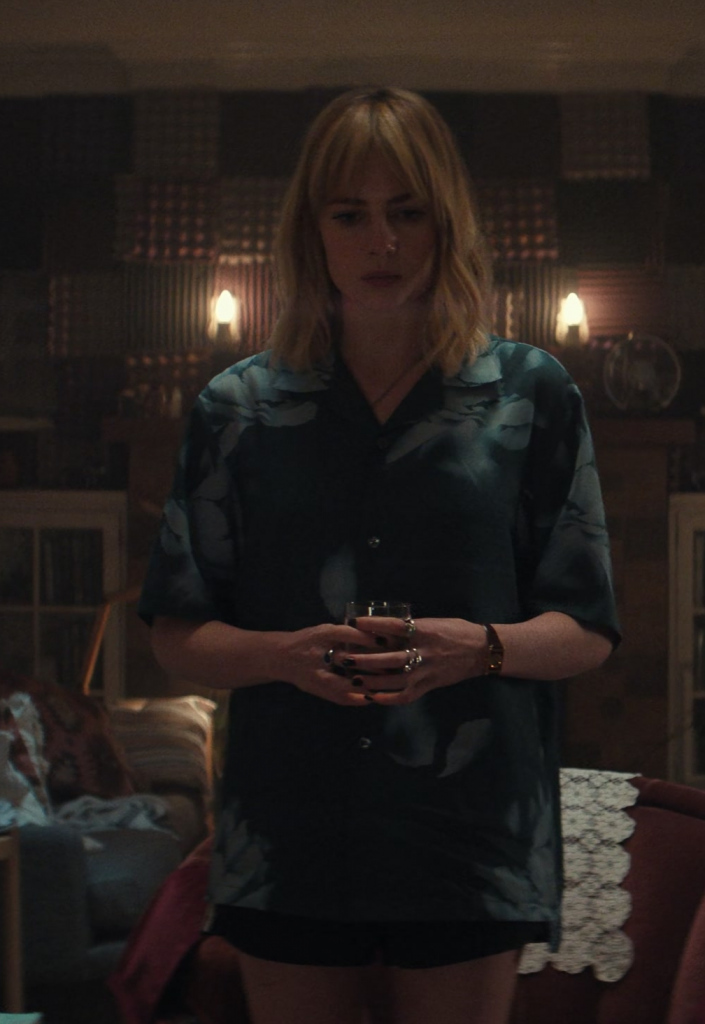 casual chic black silk shirt with blue floral print - Lucy Boynton (Harriet) - The Greatest Hits (2024) Movie