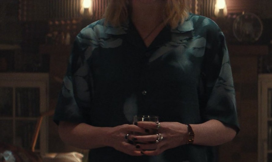 Casual Chic Black Silk Shirt with Blue Floral Print of Lucy Boynton as Harriet