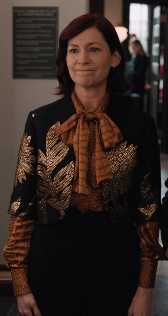 black cropped jacket with metallic gold leaf and floral embroidery - Carrie Preston (Elsbeth Tascioni) - Elsbeth TV Show