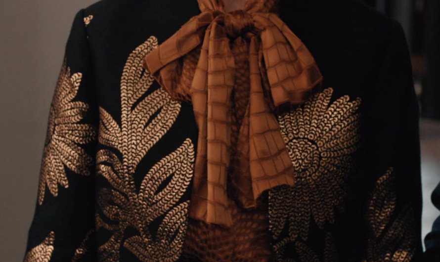 Black Cropped Jacket with Metallic Gold Leaf and Floral Embroidery of Carrie Preston as Elsbeth Tascioni