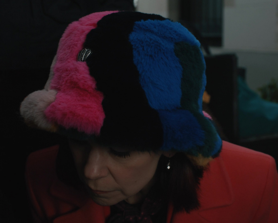 Colorful Patchwork Faux Fur Bucket Hat of Carrie Preston as Elsbeth Tascioni