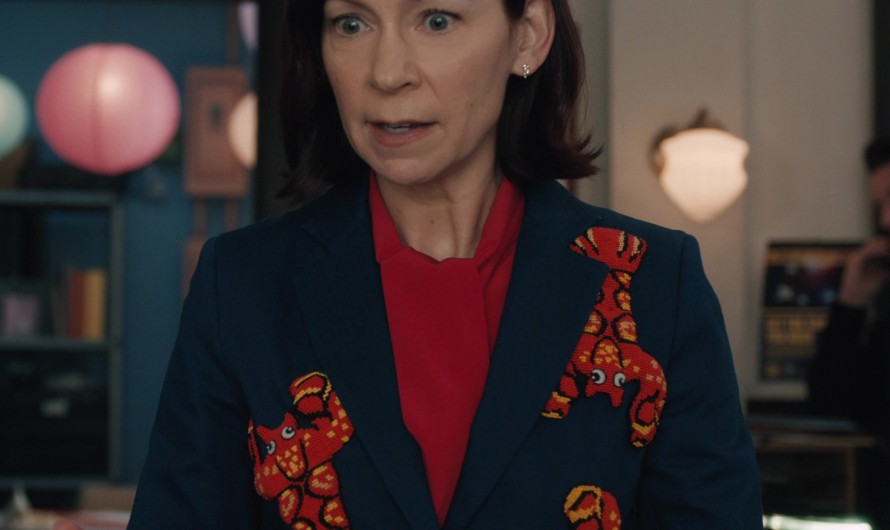 Navy Blue Tailored Blazer with Bold Red Lobster Embroidery of Carrie Preston as Elsbeth Tascioni