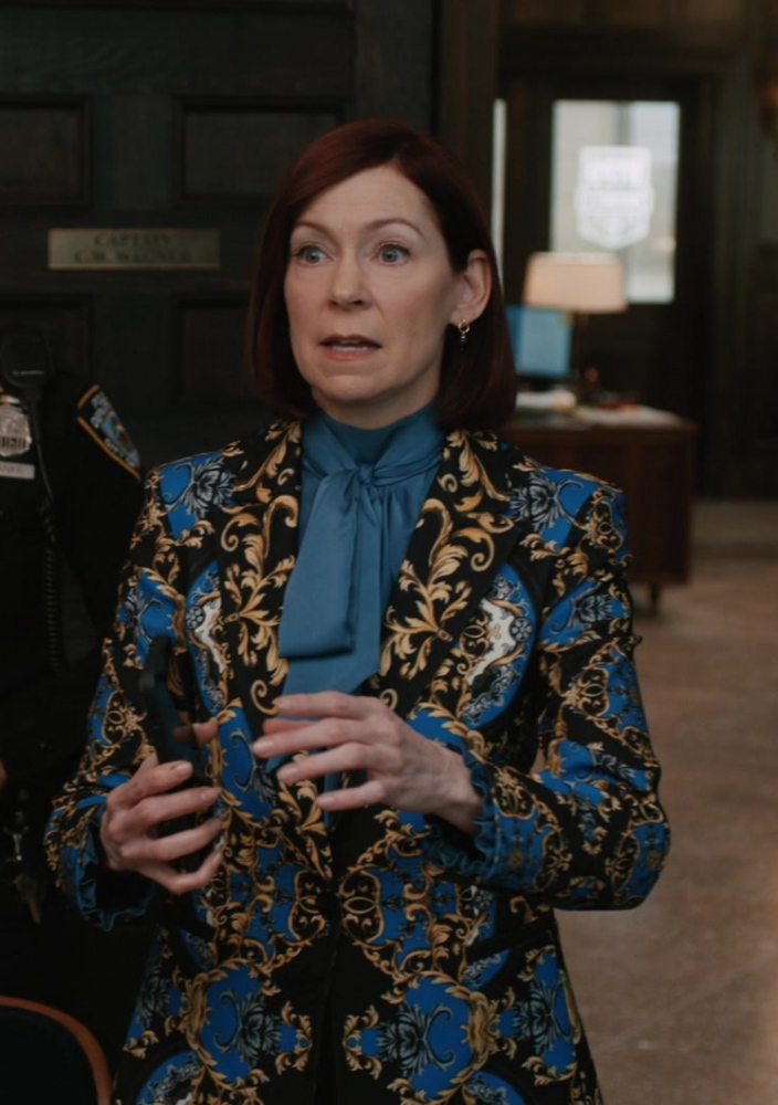 regal blue and gold scrollwork baroque patterned blazer - Carrie Preston (Elsbeth Tascioni) - Elsbeth TV Show
