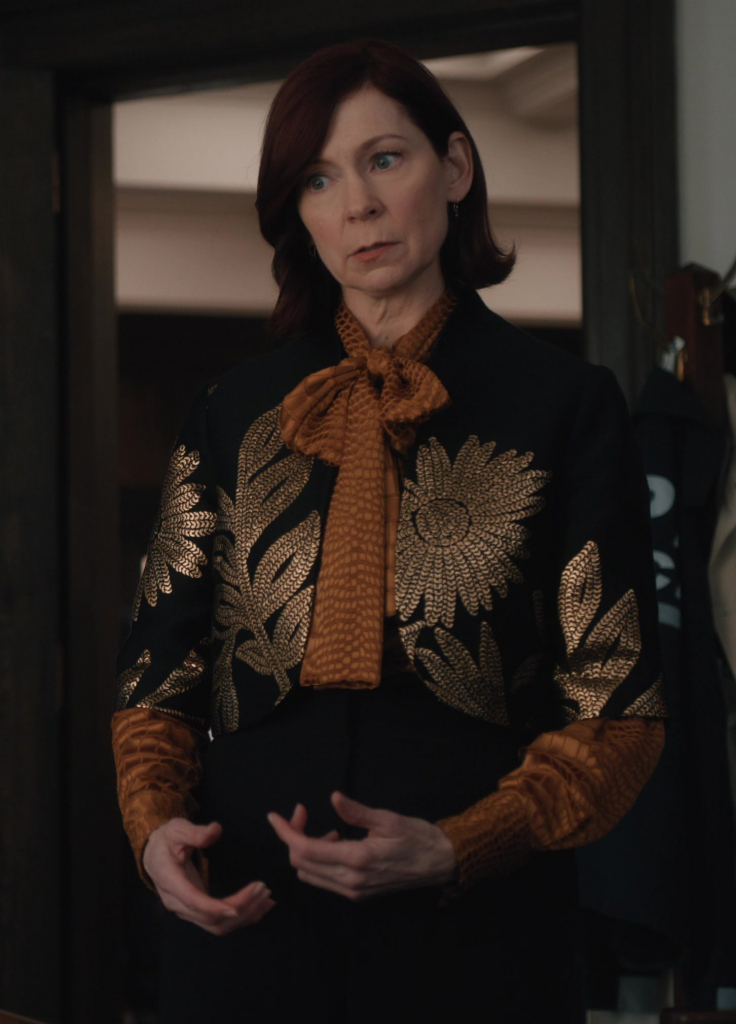 sophisticated black jacket with golden floral pattern - Carrie Preston (Elsbeth Tascioni) - Elsbeth TV Show