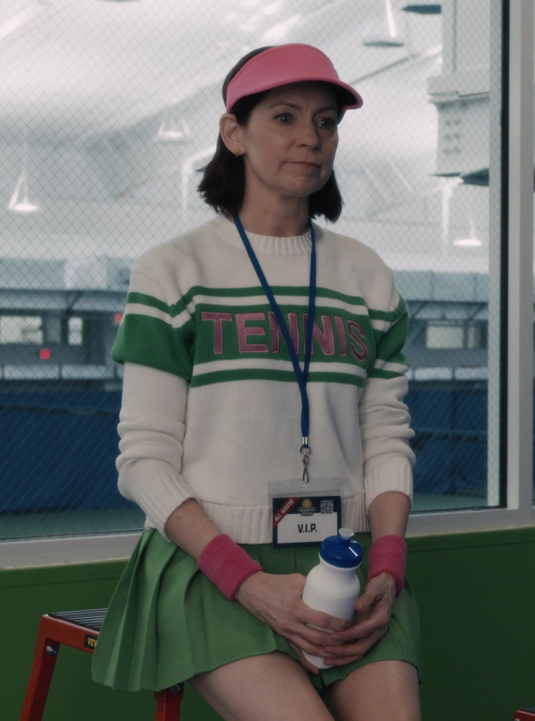 casual chic white and green striped crewneck tennis sweater - Carrie Preston (Elsbeth Tascioni) - Elsbeth TV Show