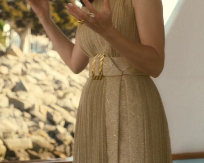 Glamorous Gold Metallic Pleated Gown of Leslie Bibb as Dinah