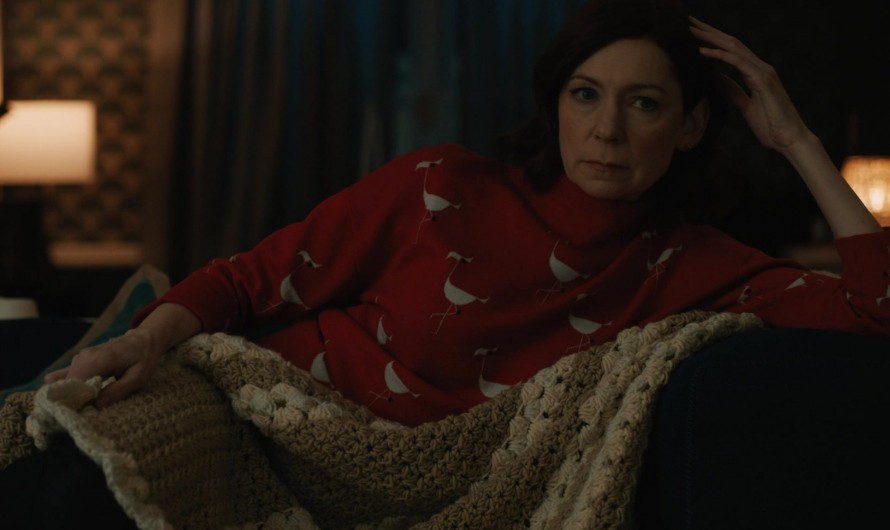 Vibrant Crimson Flamingo Print Crew Neck Sweater of Carrie Preston as Elsbeth Tascioni