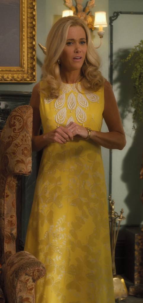 yellow jacquard floral dress with white embellished lace - Kristen Wiig (Maxine Simmons) - Palm Royale TV Show
