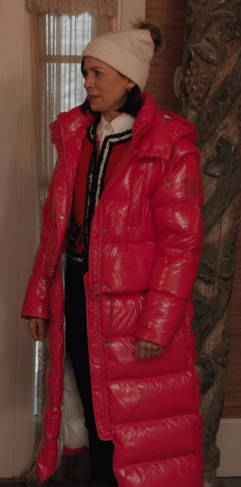 Red High-Shine Long Puffer Jacket with Insulated Quilt Design of Carrie Preston as Elsbeth Tascioni
