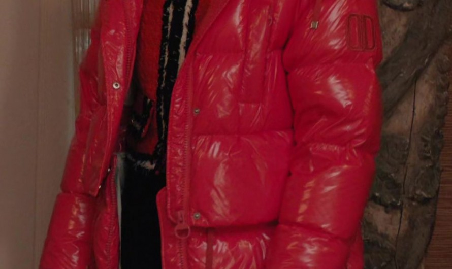 Red High-Shine Long Puffer Jacket with Insulated Quilt Design of Carrie Preston as Elsbeth Tascioni