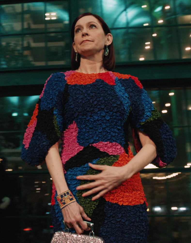 Vibrant Multicolor Textured Midi Dress Worn by Carrie Preston as Elsbeth Tascioni