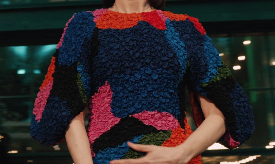 Vibrant Multicolor Textured Midi Dress Worn by Carrie Preston as Elsbeth Tascioni