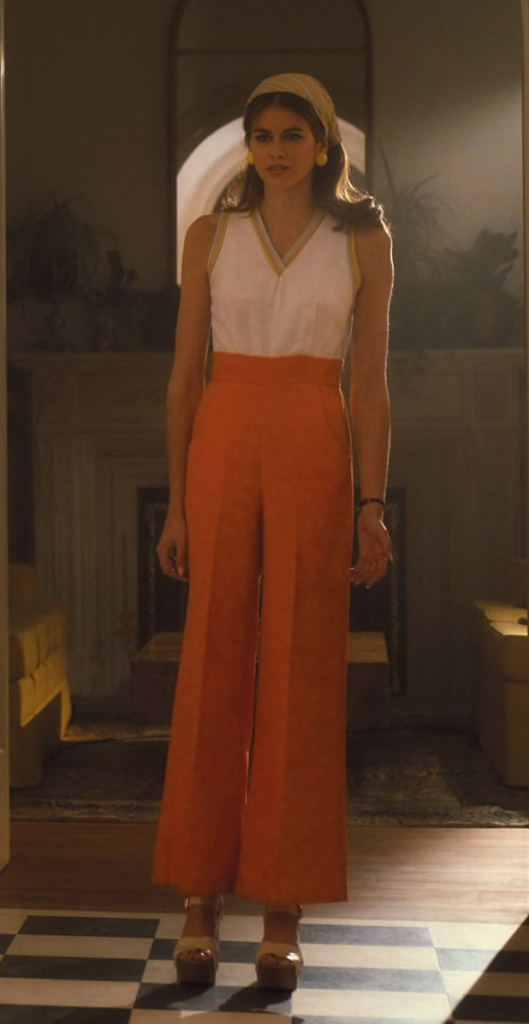 white and orange wide-leg jumpsuit - Kaia Gerber (Mitzi) - Palm Royale TV Show