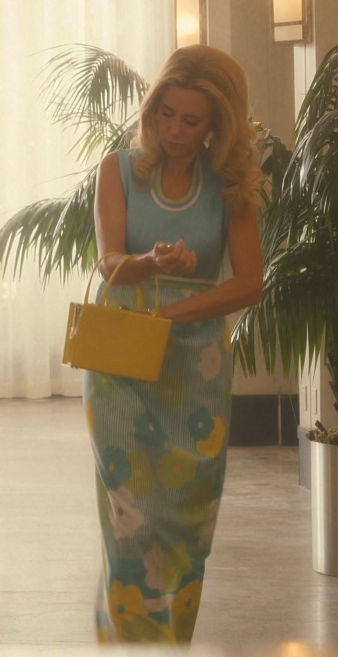 aqua blue striped maxi dress with floral print - Kristen Wiig (Maxine Simmons) - Palm Royale TV Show