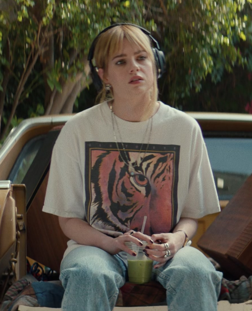 oversized white tiger graphic tee - Lucy Boynton (Harriet) - The Greatest Hits (2024) Movie