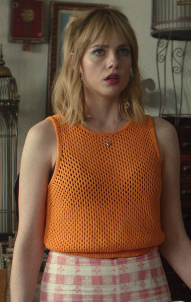 orange knit sleeveless tank top - Lucy Boynton (Harriet) - The Greatest Hits (2024) Movie