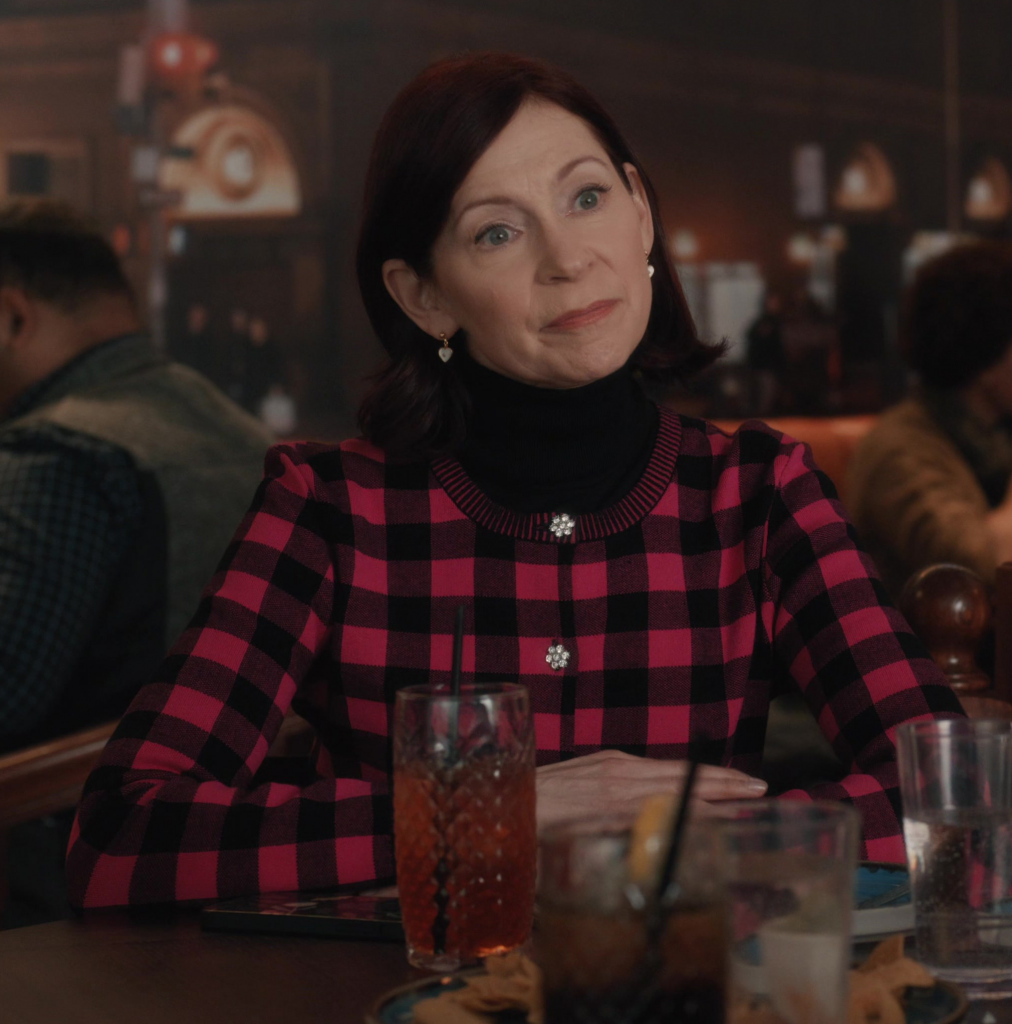 full sleeves round neck checkered red and black cardigan sweater - Carrie Preston (Elsbeth Tascioni) - Elsbeth TV Show