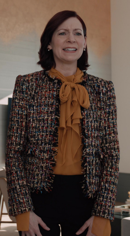 Elegant Multicolor Tweed Jacket with Fringe Detail of Carrie Preston as Elsbeth Tascioni