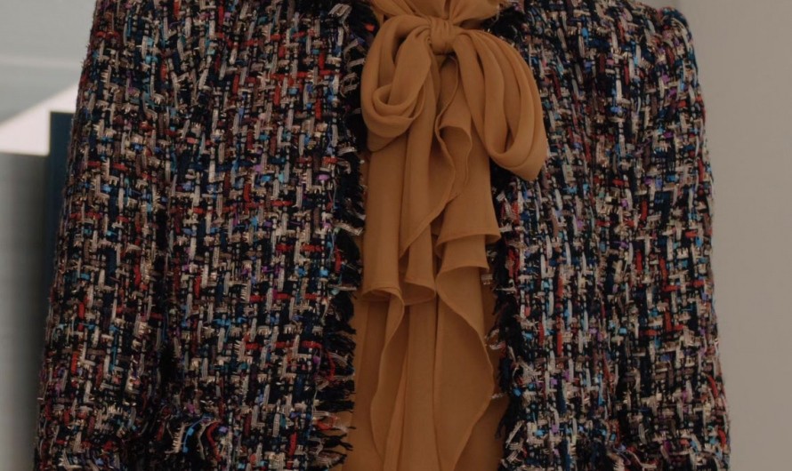 Elegant Multicolor Tweed Jacket with Fringe Detail of Carrie Preston as Elsbeth Tascioni