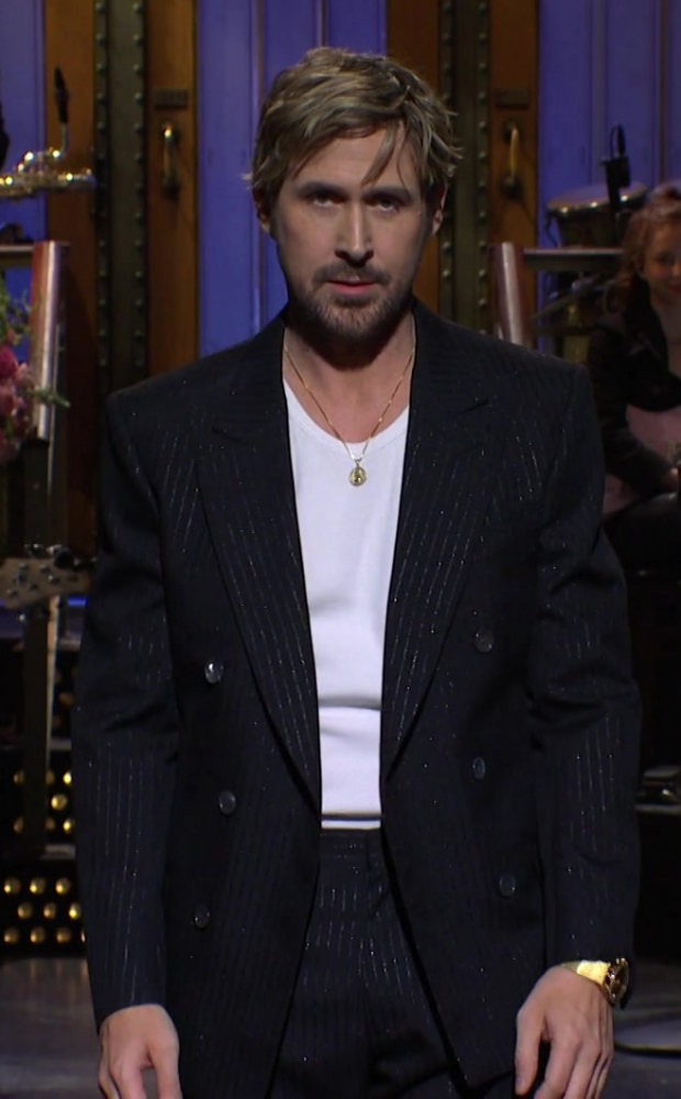 Pinstripe Double Breasted Suit Jacket of Ryan Gosling as Guest