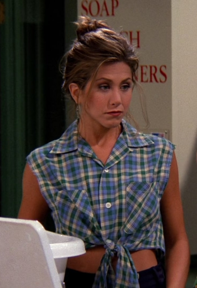 Classic Blue and Green Plaid Sleeveless Shirt with Front Tie of Jennifer Aniston as Rachel Green