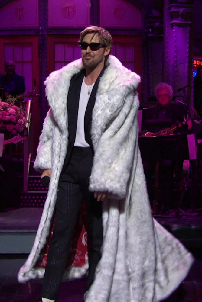 White Long Faux Fur Coat Worn by Ryan Gosling as Guest