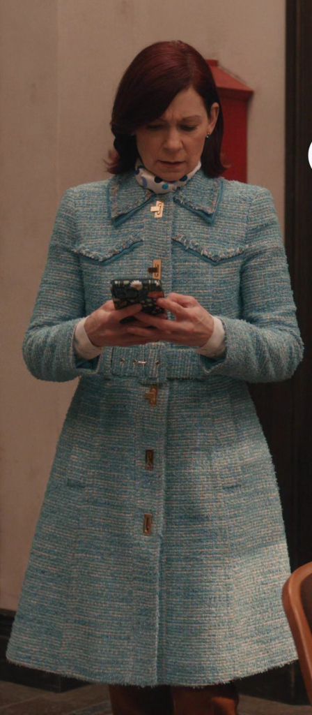 teal blue textured tweed long jacket with belted waist - Carrie Preston (Elsbeth Tascioni) - Elsbeth TV Show