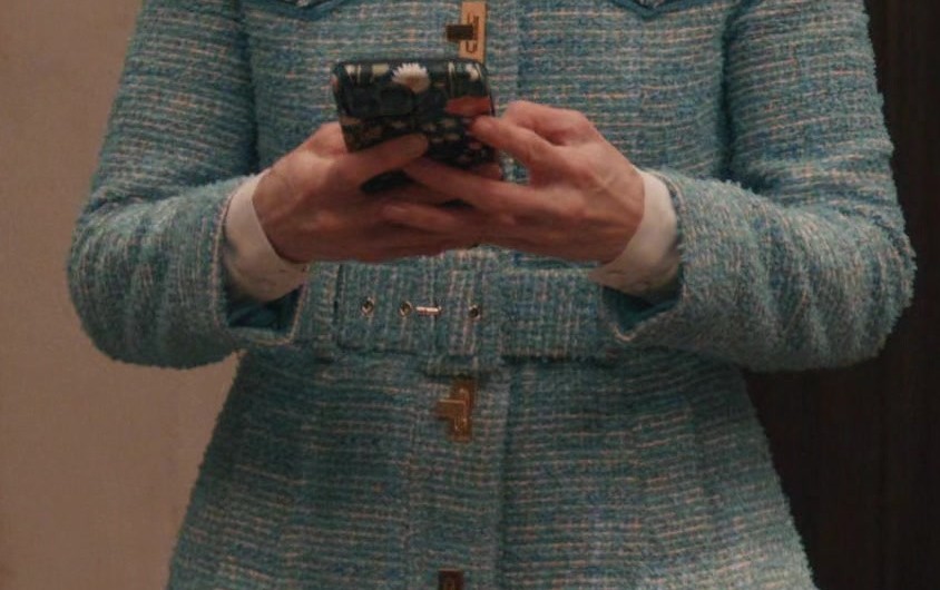 Teal Blue Textured Tweed Long Jacket with Belted Waist of Carrie Preston as Elsbeth Tascioni
