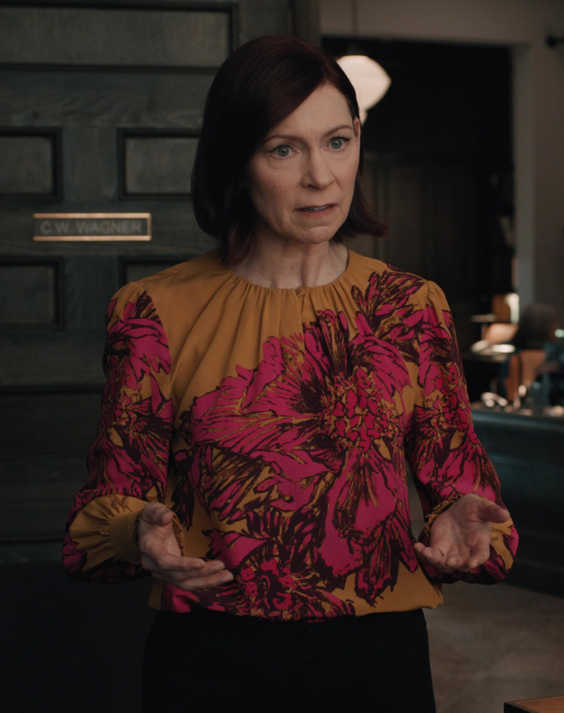 Mustard and Pink Large Floral Pattern Blouse of Carrie Preston as Elsbeth Tascioni