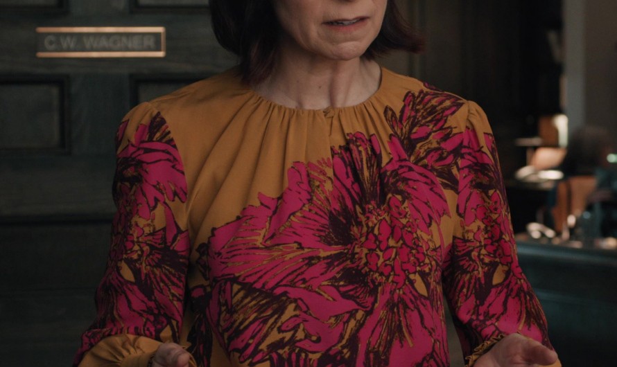Mustard and Pink Large Floral Pattern Blouse of Carrie Preston as Elsbeth Tascioni