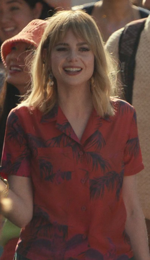 Tropical Palm Leaf Print Red Button-Up Short Sleeve Shirt of Lucy Boynton as Harriet