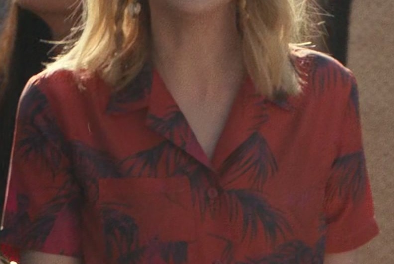 Tropical Palm Leaf Print Red Button-Up Short Sleeve Shirt of Lucy Boynton as Harriet