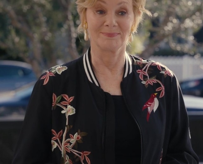 Black Floral Print Varsity Jacket of Jean Smart as Deborah Vance