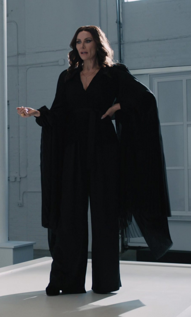 black wide leg v-neck jumpsuit - Laura Benanti (Nadine Clay) - Elsbeth TV Show