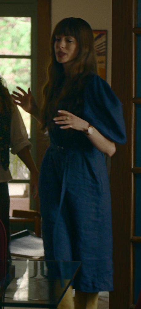 Blue Denim Midi Dress with Belted Waist of Anne Hathaway as Solène