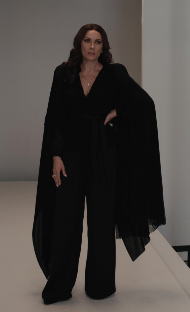 v-neck ruffled sash jumpsuit with long blouson sleeves - Laura Benanti (Nadine Clay) - Elsbeth TV Show