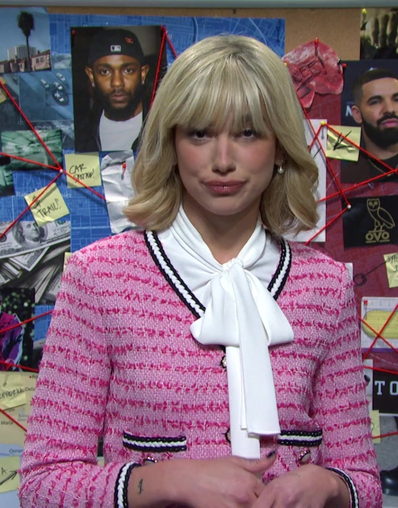 pink tweed long sleeved cropped jacket - Dua Lipa (Wanda Weems) - Saturday Night Live TV Show