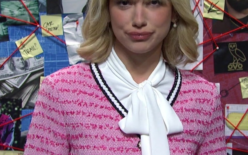 Pink Tweed Long Sleeved Cropped Jacket of Dua Lipa as Wanda Weems