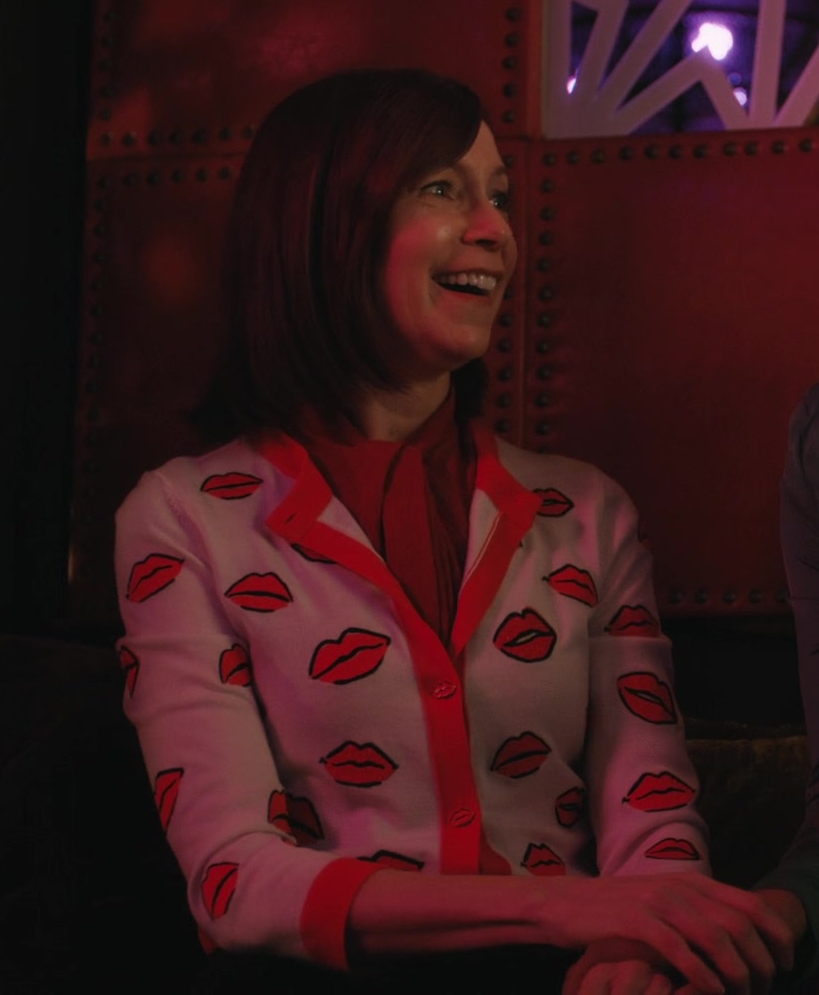 playful red lip print cropped cardigan - Carrie Preston (Elsbeth Tascioni) - Elsbeth TV Show