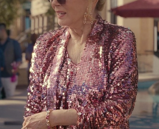 Luxe Pink Sequined Evening Jacket with Glamorous Shine of Jean Smart as Deborah Vance