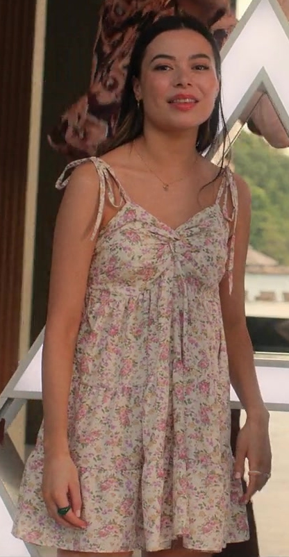 floral print mini dress with tie straps - Miranda Cosgrove (Emma) - Mother of the Bride (2024) Movie