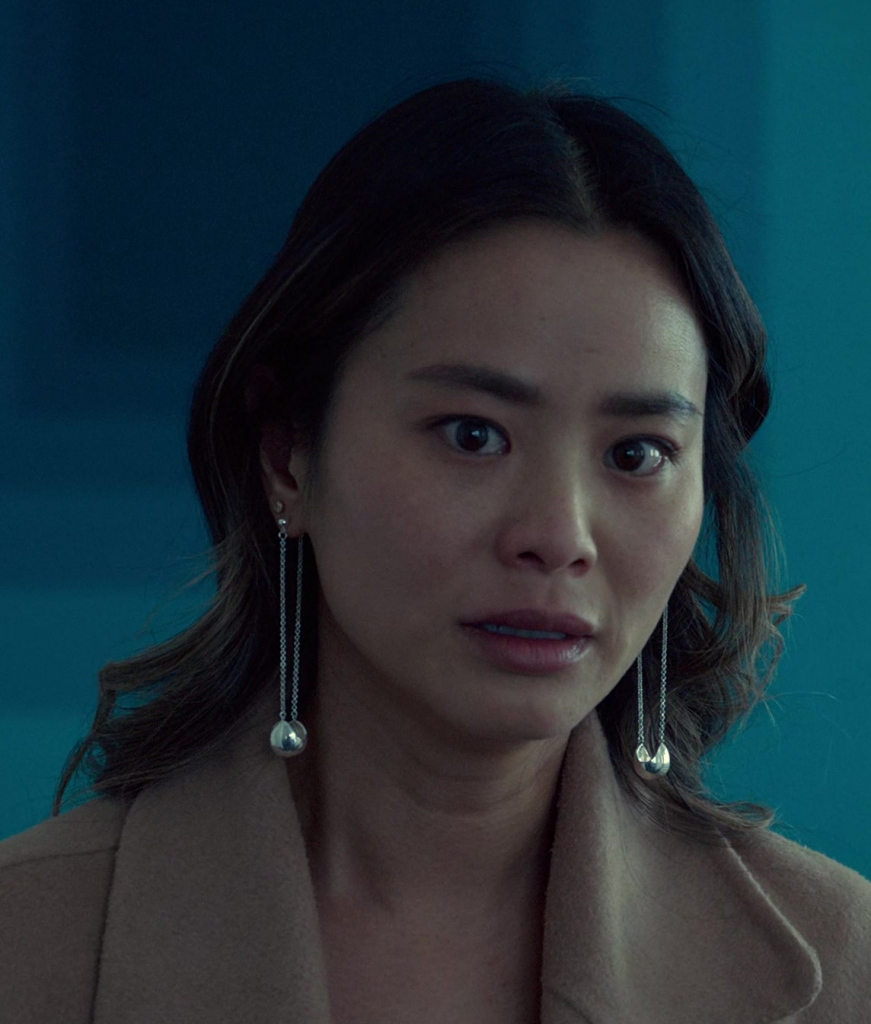 elegant long drop earrings with silver spheres - Jamie Chung (Jasmine) - Reunion (2024) Movie