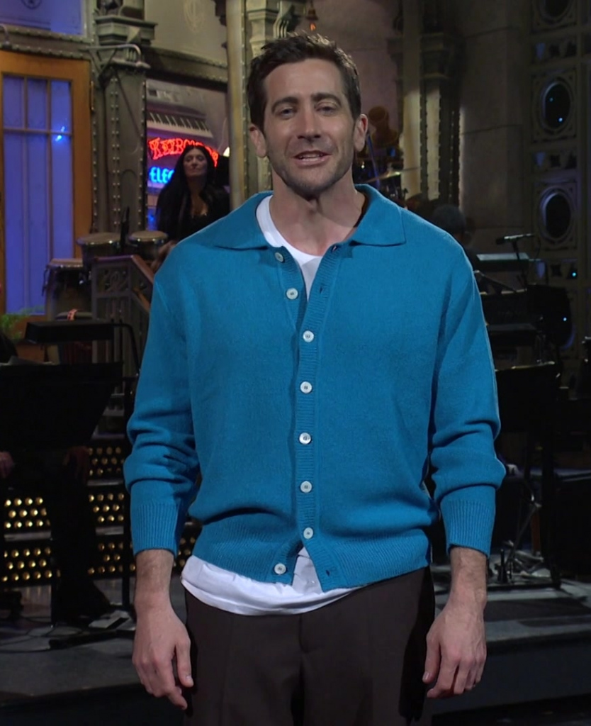 vibrant teal blue button-up cardigan - Jake Gyllenhaal (Guest) - Saturday Night Live TV Show