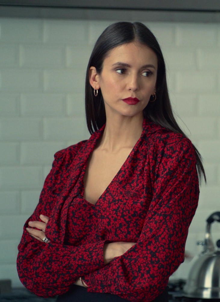 Elegant Red Floral Blouse with Long Sleeves of Nina Dobrev as Amanda