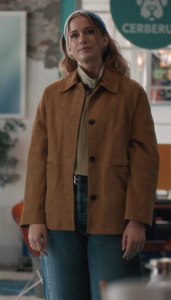 suede leather jacket with lapel collar - Elizabeth Lail (Quinn Powers) - Elsbeth TV Show