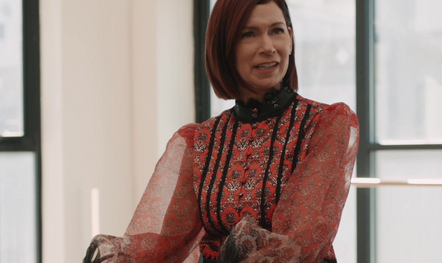 Chic High Neck Blouse in Red Paisley with Sheer Blouson Sleeves Worn by Carrie Preston as Elsbeth Tascioni
