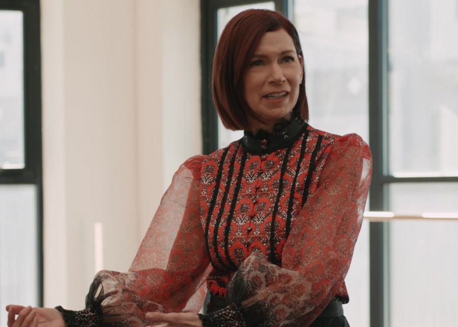 Chic High Neck Blouse in Red Paisley with Sheer Blouson Sleeves Worn by Carrie Preston as Elsbeth Tascioni