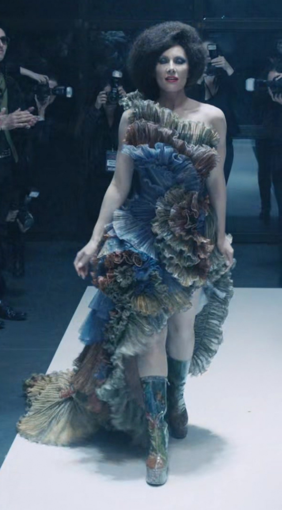 avant-garde asymmetrical ruffled couture dress - Laura Benanti (Nadine Clay) - Elsbeth TV Show